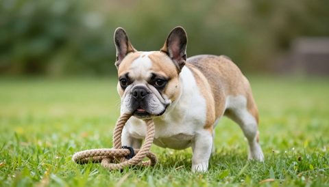 French bulldog playing with a rope toy, morning light