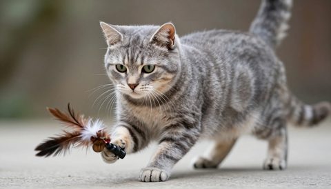 Mèo mướp xám vờn đồ chơi lông vũ