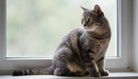 Grey tabby cat sitting by the window