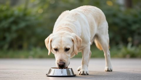 Labrador retriever eating from a bowl, morning light