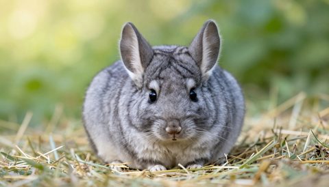 Chinchilla resting on hay, morning light