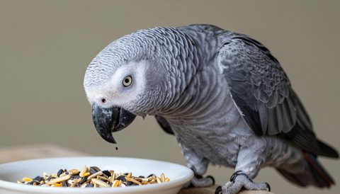 African grey parrot eating seeds