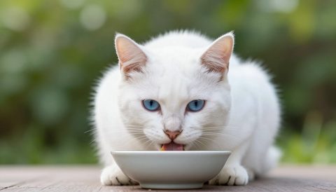 Mèo trắng mắt xanh ăn trong bát, nắng sớm
