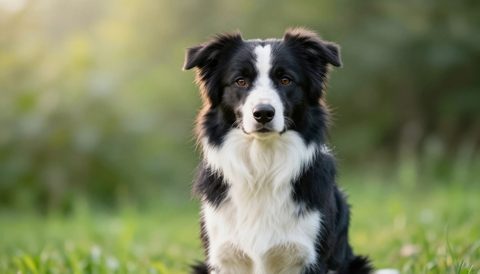 Chó border collie ngồi nhìn thẳng, nắng sớm