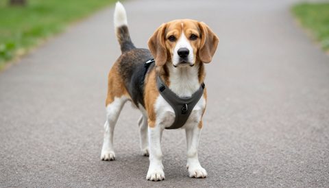 Beagle out for a walk in a harness