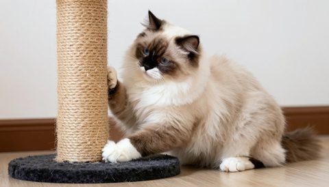 Ragdoll cat using a scratching post