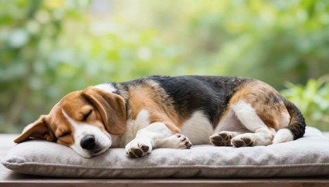 Beagle sleeping on a cushion, morning light