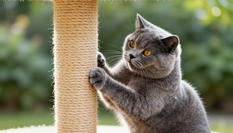 British shorthair using a scratching post, morning light