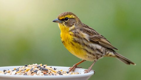 Canary eating seeds, morning light