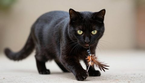Black cat playing with a feather toy