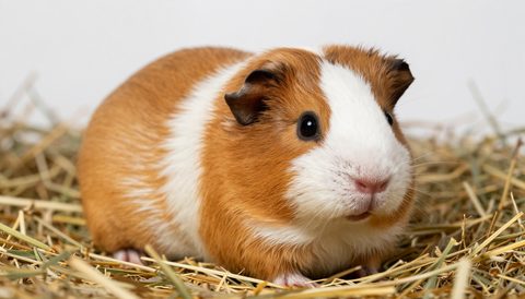 Guinea pig resting on hay