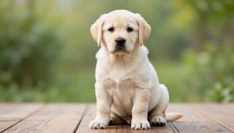 Labrador retriever as a puppy, morning light