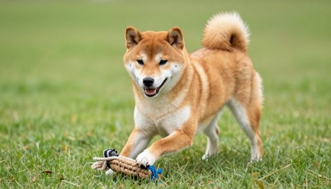 Chó shiba inu chơi dây thừng trên cỏ