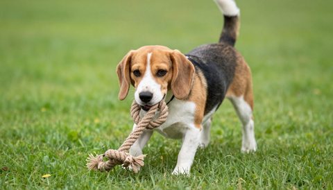 Chó beagle chơi dây thừng trên cỏ