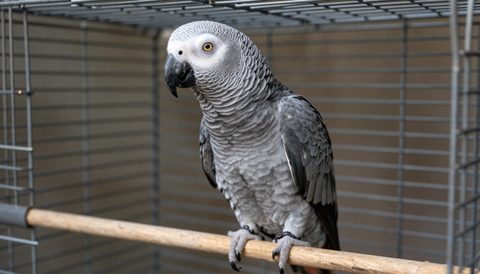 African grey parrot in a large cage
