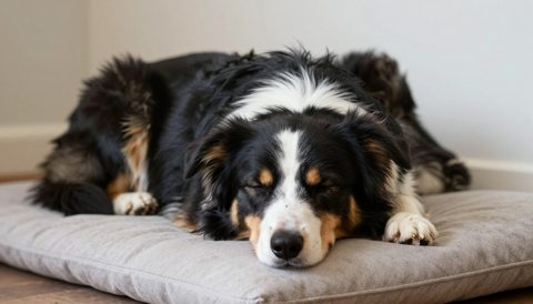 Chó border collie ngủ trên nệm