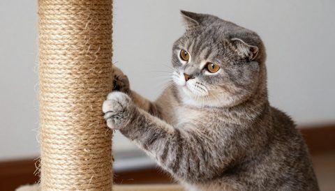 Scottish fold using a scratching post