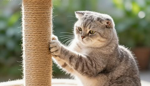 Scottish fold using a scratching post, morning light