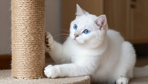 White cat using a scratching post