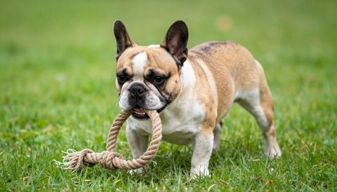 Chó bulldog Pháp chơi dây thừng trên cỏ