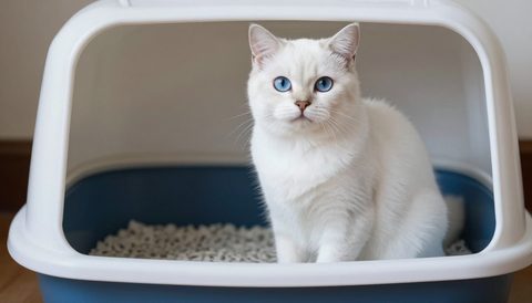 Mèo trắng mắt xanh cạnh khay cát