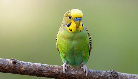 Budgerigar perched on a branch, morning light