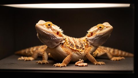 Bearded dragon basking under a lamp, dark background