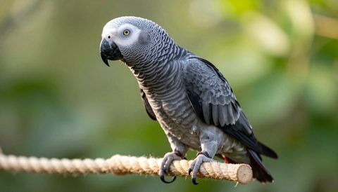 African grey parrot playing on a rope perch, morning light