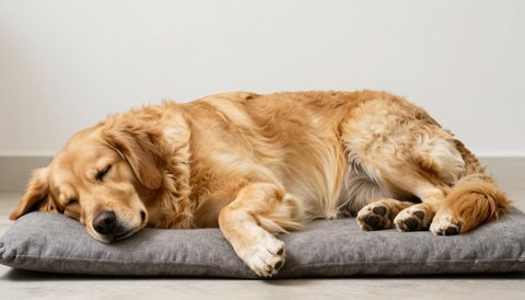 Golden retriever sleeping on a cushion