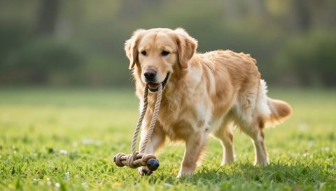 Golden retriever playing with a rope toy, morning light