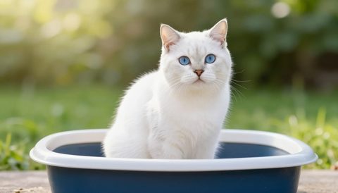 White cat next to a litter box, morning light