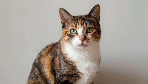 Calico cat sitting, looking at the camera