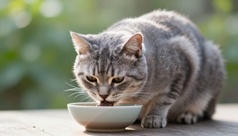 Grey tabby cat eating from a bowl, morning light