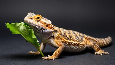Bearded dragon eating, dark background