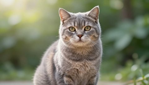 Grey tabby cat sitting, looking at the camera, morning light