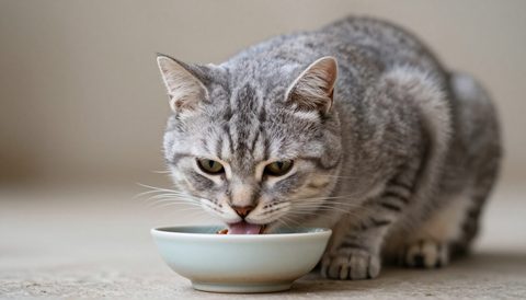 Grey tabby cat eating from a bowl