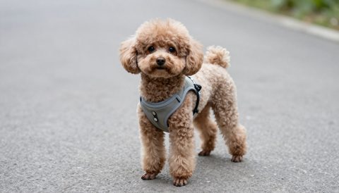 Chó poodle đeo yếm đi dạo