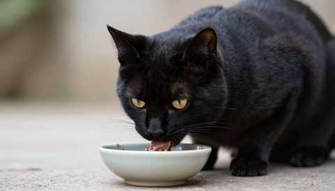 Black cat eating from a bowl