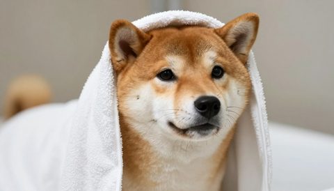 Shiba inu in a towel after a bath