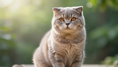 Scottish fold sitting, looking at the camera, morning light
