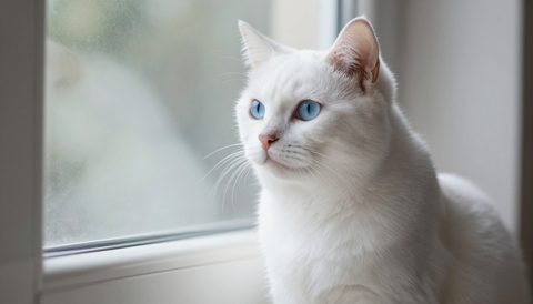 White cat sitting by the window