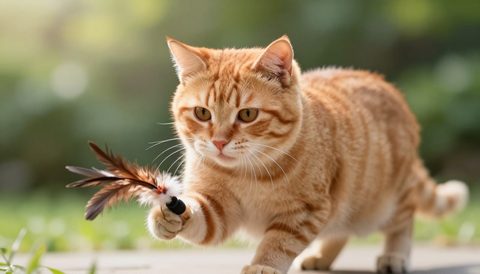Orange tabby cat playing with a feather toy, morning light