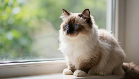 Ragdoll cat sitting by the window, morning light