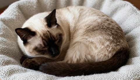 Siamese cat curled up asleep