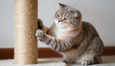 Scottish fold using a scratching post