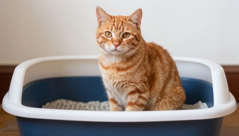 Orange tabby cat next to a litter box