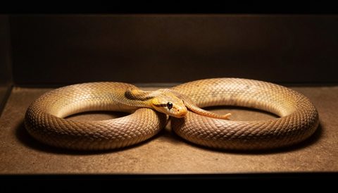 Corn snake basking under a lamp, dark background