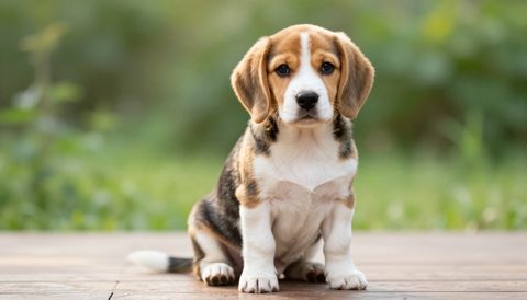 Beagle as a puppy, morning light