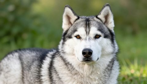Siberian husky as a senior dog, morning light