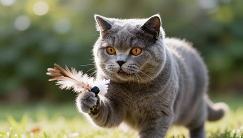 British shorthair playing with a feather toy, morning light
